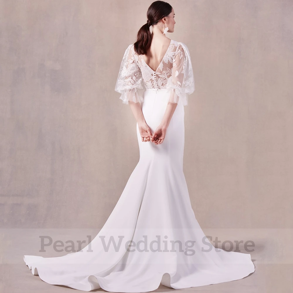 Elegant Mermaid Floor Length Wedding Dress Classic V-Neck Lace Applique Lantern Square Collar Backless with Belt Custom Gown