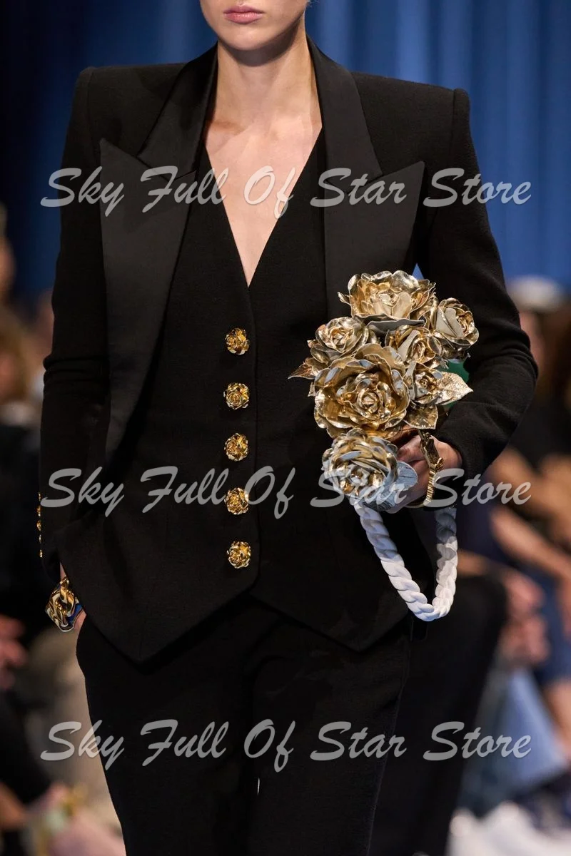 Black Women Suit Set 3 Pcs Satin Lapel Blazer Gold Rose Button Vest+Cropped Straight Pants Custom Formal Evening Party Lady Coat view 2