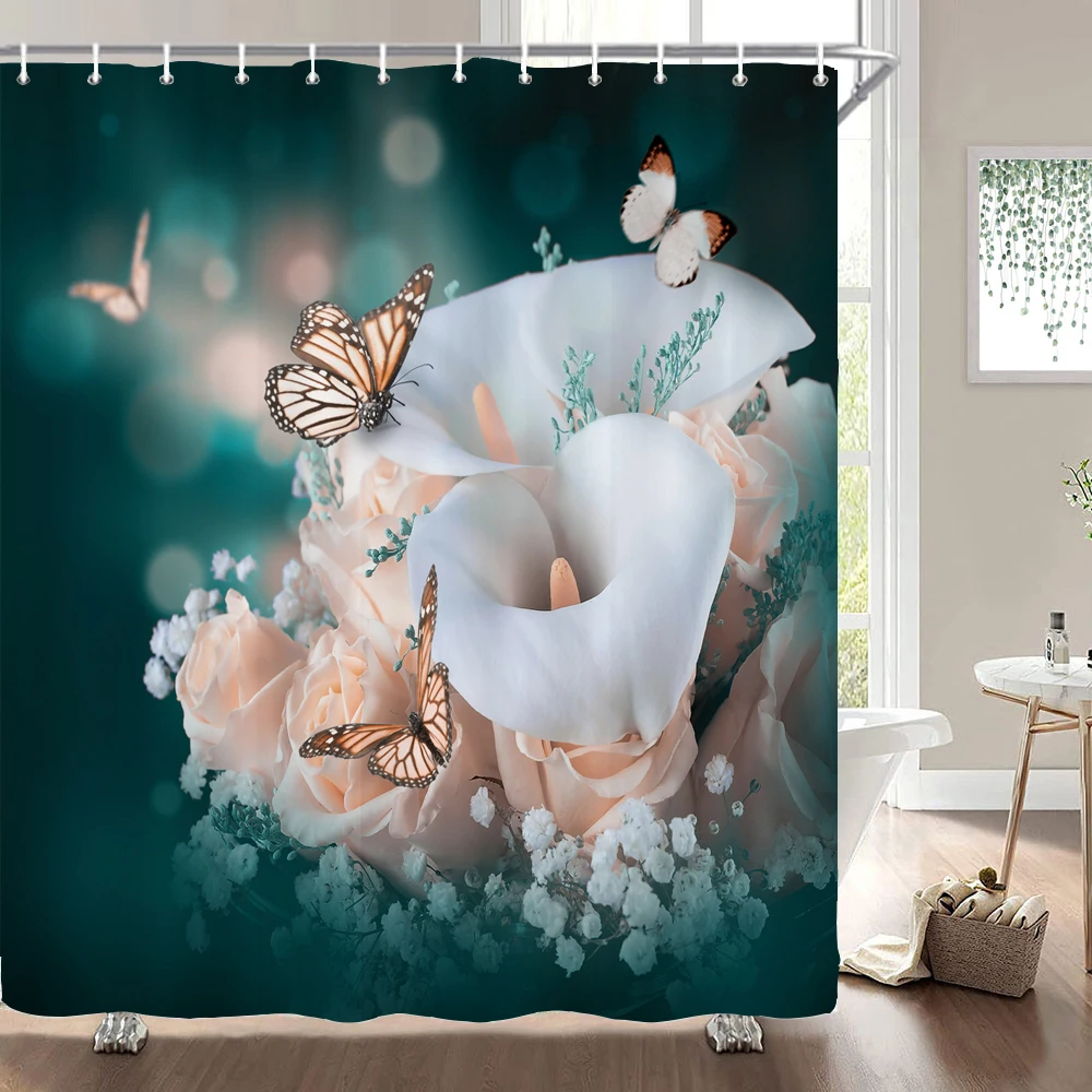 

3D Printing Fresh Flowers Butterfly Polyester Fabric Shower Curtains Bathroom Waterproof Decor Large Size 240X180 Bath Screen