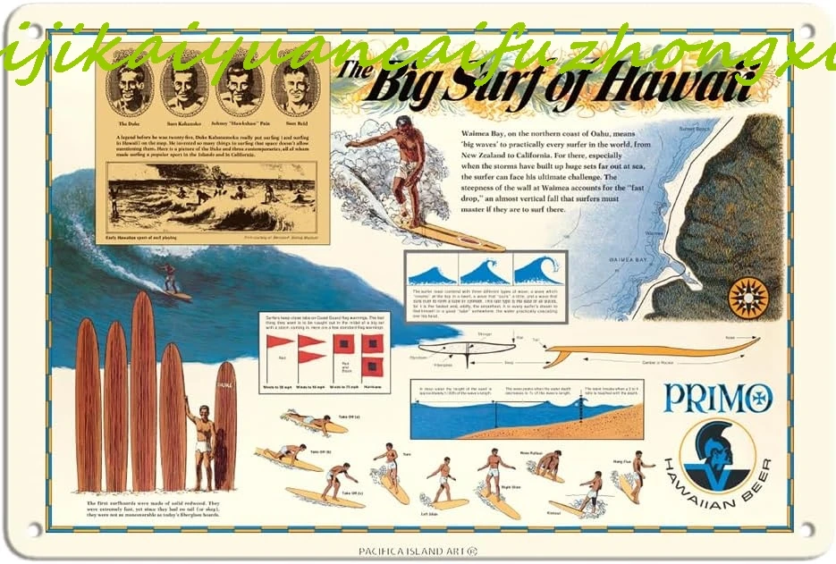 Pacifica Island Art The Big Surf of Hawaii - Primo Hawaiian Beer - Hawaii Brewing Company - Vintage Surfing Poster c.1963-8 x 12