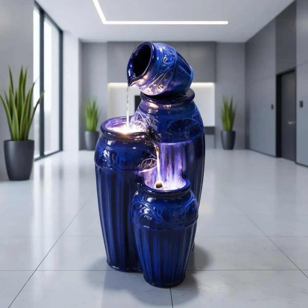

4-Tier Cobalt Blue Ceramic Outdoor Water Fountain with LED Lights, Standing Floor Fountain for Patio, Deck, and Backyard