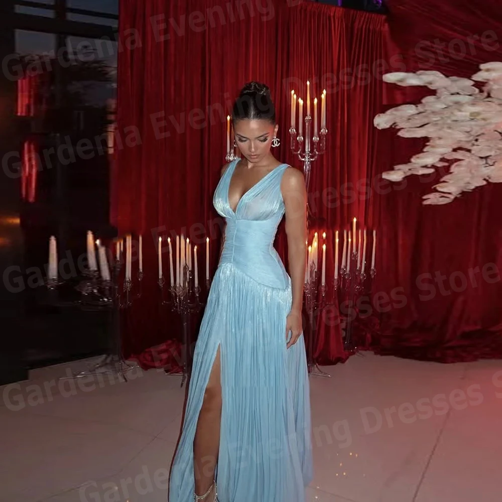 

Simple A Line Women's Evening Dresses Sexy V Neck Prom Gowns Customized Sleeveless Backless Slit Vestidos Para Mujer Elegantes