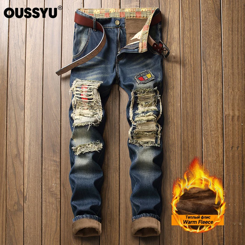 Winter Fleece Lined Men's Jeans Ripped Patchwork Denim Pants Thick Warm Biker Heavy Distressed Streetwear Hip Hop Trousers Male