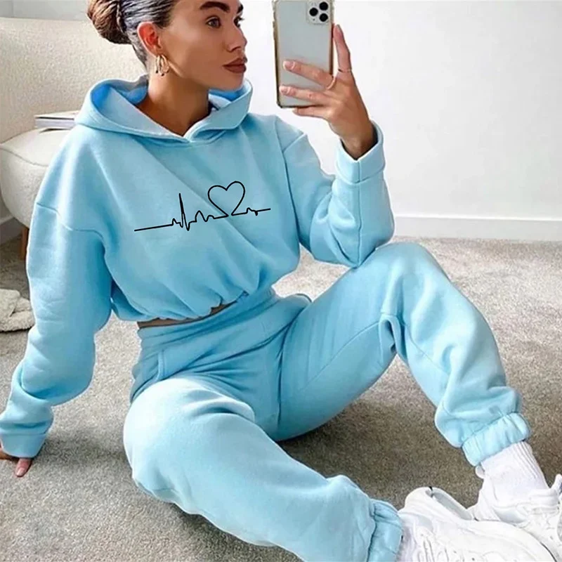 

Womens Tracksuit Heart Print Drawstring Short Hooded Sweatshirts Suit Daily Casual Sport Jogging Outdoors Home Pants Set Autumn