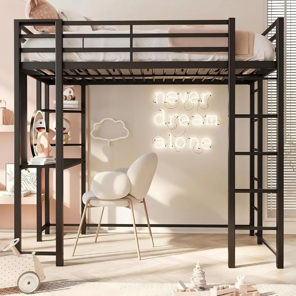 

SUNLEI Loft Bed Full Size with Desk and Safety Guard Rail, Full Size Metal Bed Frame with Double Layer Shelves for Storage, No B