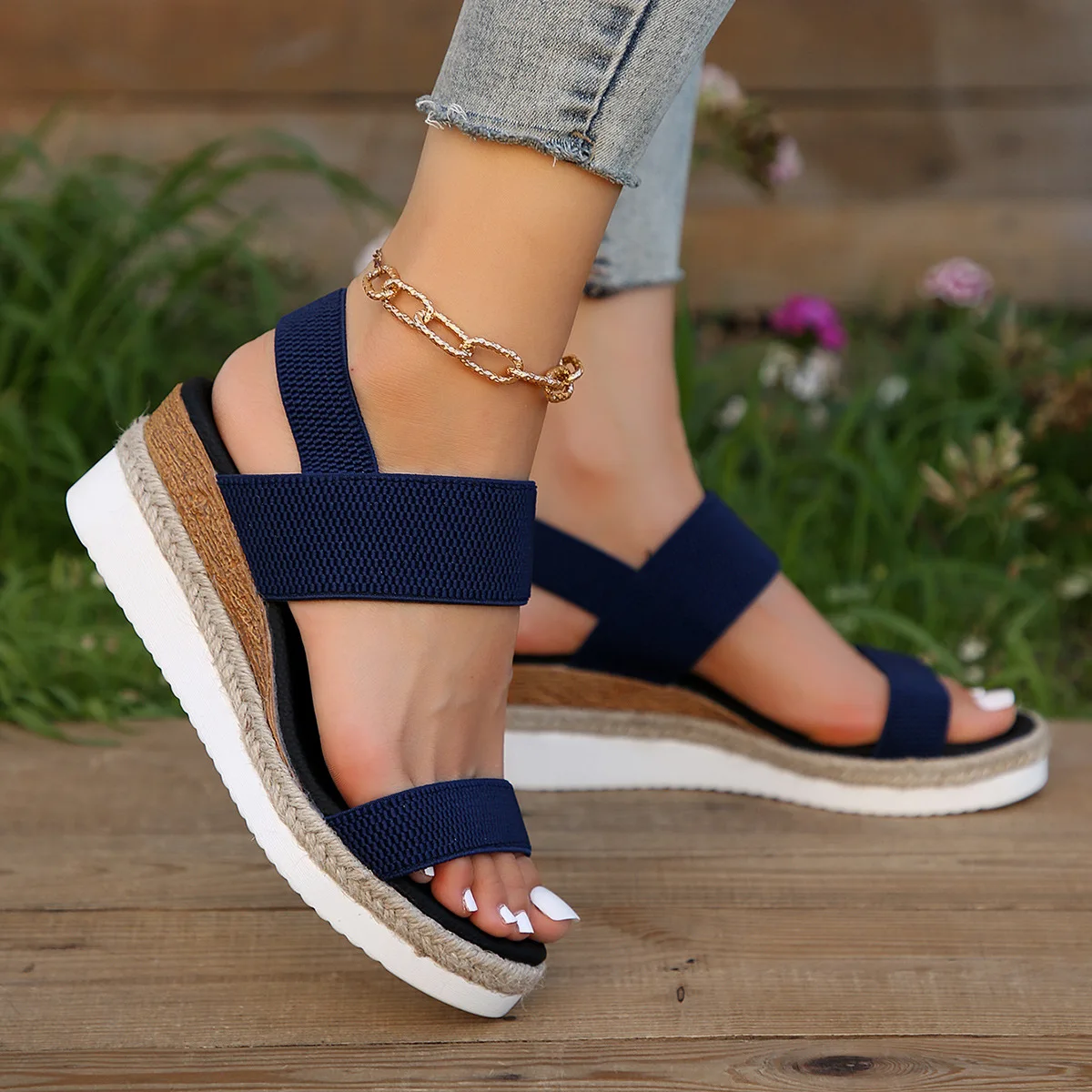 2024 New Arrival Women\'s Wedges Sandals Summer Elastic Band Platform Gladiator Shoes Woman Comfort Casual Med Heels Sandals