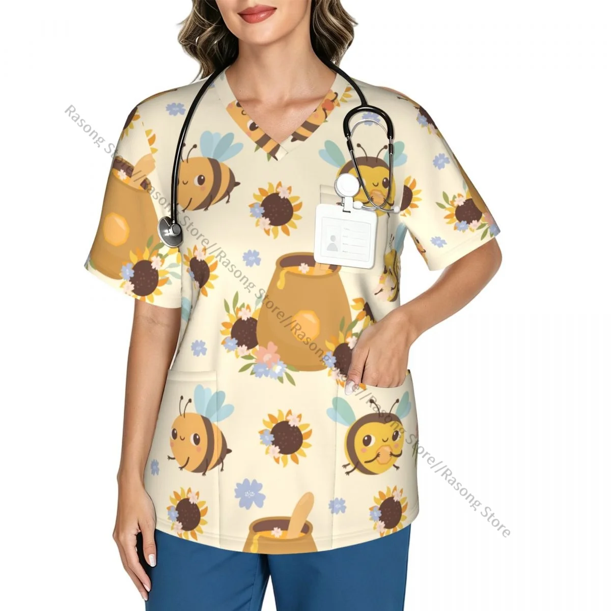 Honey Bees Pattern Scrubs tops medical uniforms women V Neck Stretch Scrub Shirt Dentist doctor Blouse