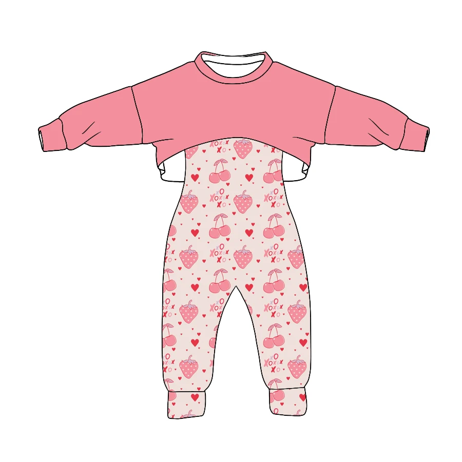 

Комплект для девочек на День святого Валентина, брюки на подтяжках с сердечком, вишней, клубники и буквенным принтом, розовый топ с длинными рукавами, эксклюзивная одежда