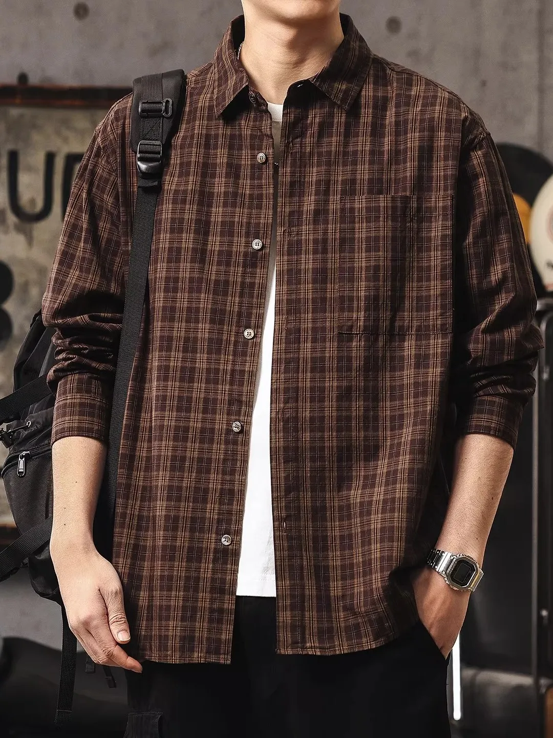 

Мужская хлопковая рубашка свободного кроя в клетку, весенне-осенняя, повседневная, с длинным рукавом, из чистого хлопка, для ношения под одеждой или как верхняя одежда.
