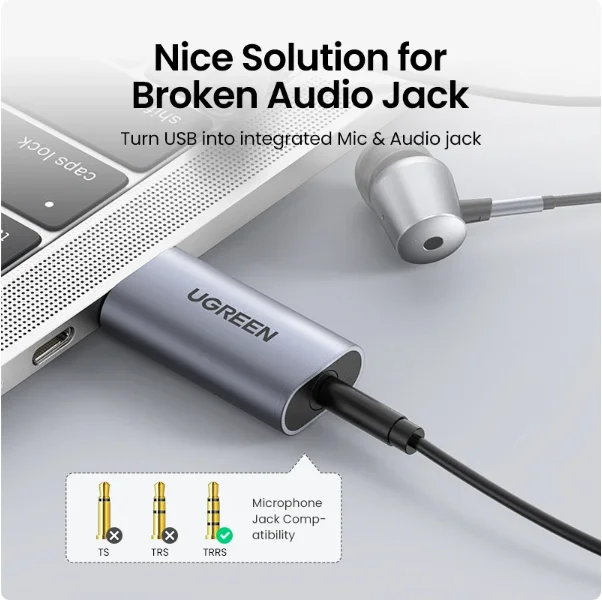 UGREEN CM383 Adaptador de Audio USB a Jack, Tarjeta de Sonido Externa USB, Adaptador de Audio de 3.5mm, 2 en 1, USB a Aux TRRS, Adaptador para Auriculares