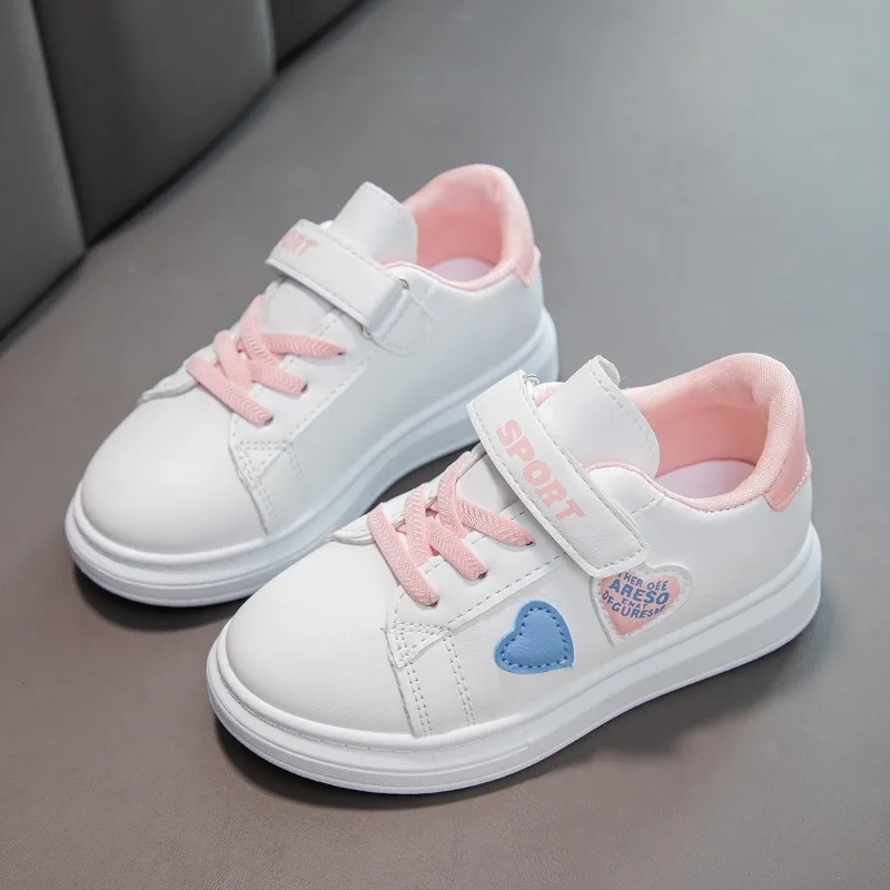 Spring Autumn Boys Girls PU Leather White Shoes Children Soft Sole Non-slip Printed Running Shoes Kids School Sports Casual Shoe