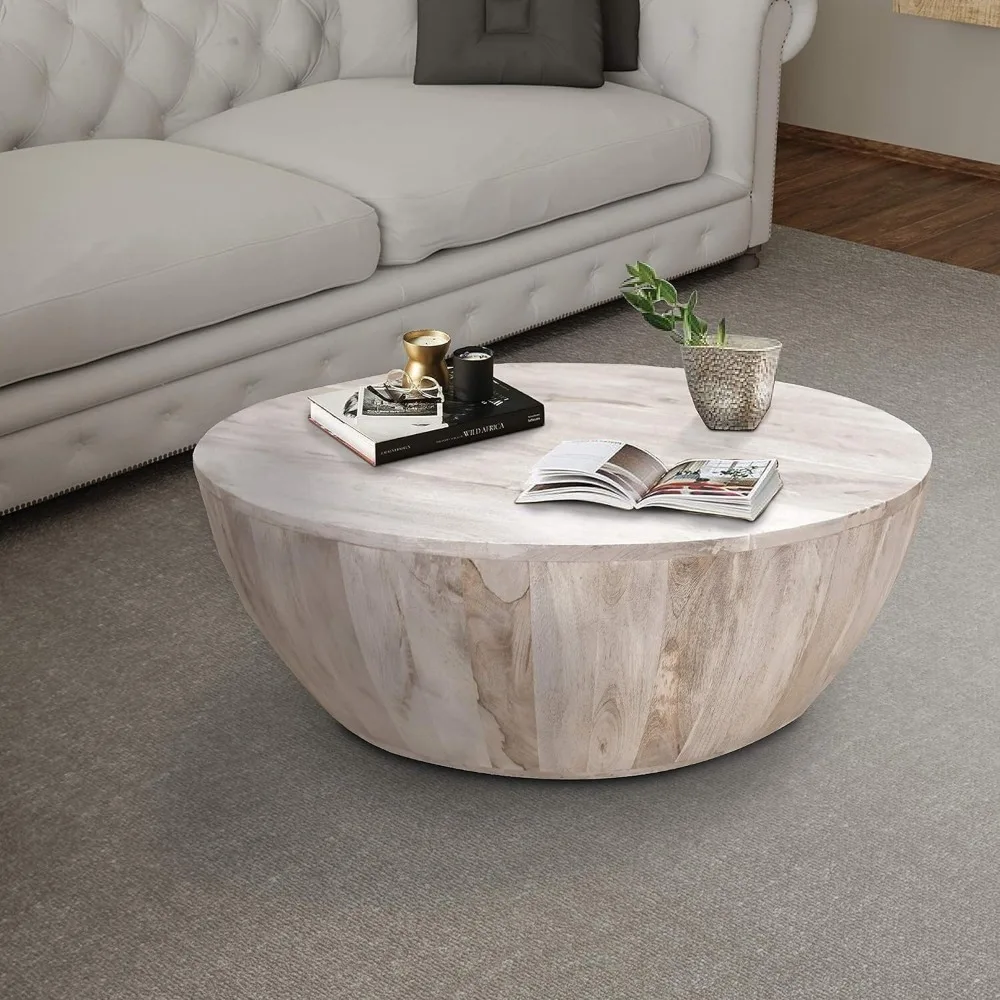 

36 Inch Round Mango Wood Coffee Table, Subtle Grains, Distressed White