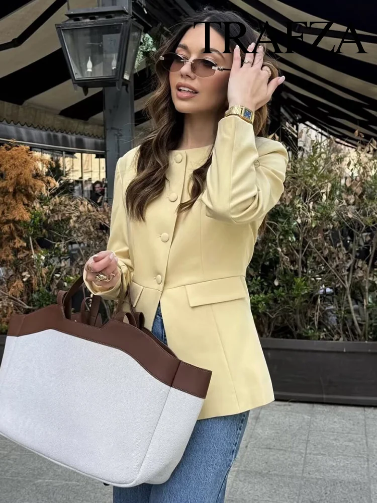 

TRAFZA Women's New Fashion Crew Neck Single-breasted Long Sleeve Coat Female Chic Elegant Fake Pocket Decoration Casual Jackets