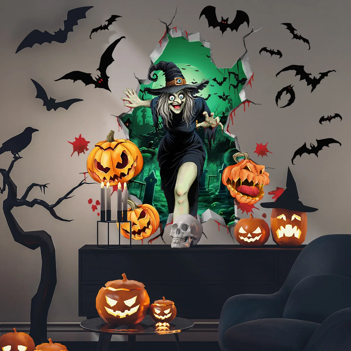 Halloween 3D Wall Decals - Shattered Witch & Flying Pumpkin Phantom with Bats