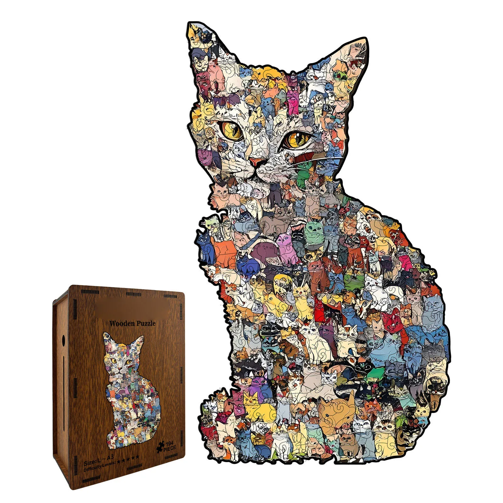 Puzzle en bois en forme de chat Unique, 194 pièces, puzzle stimulant pour adultes, œuvre d'art finie pour la décoration murale de la maison