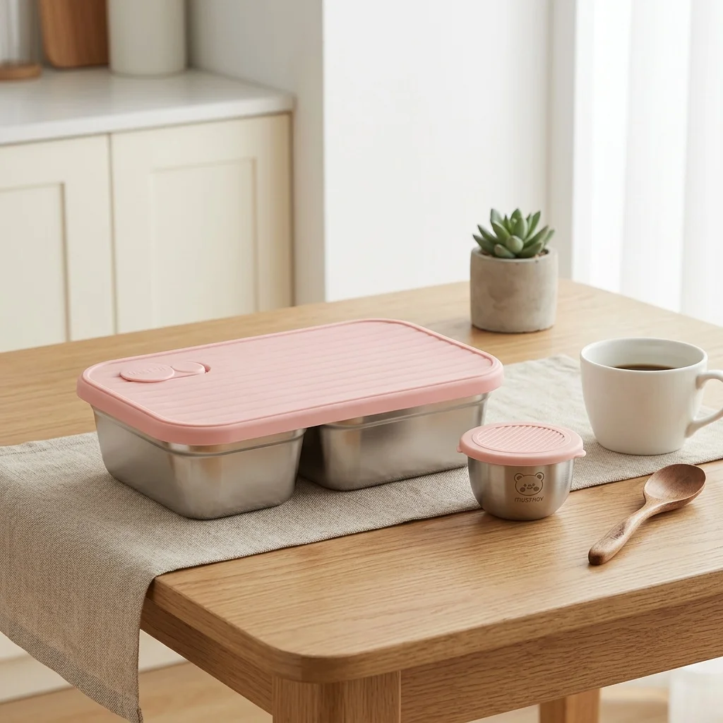 304 Stainless Steel Kids Bento Lunch Box Leakproof 1/2 Compartment Divided Food Storage Container with Sauce Box Microwavable