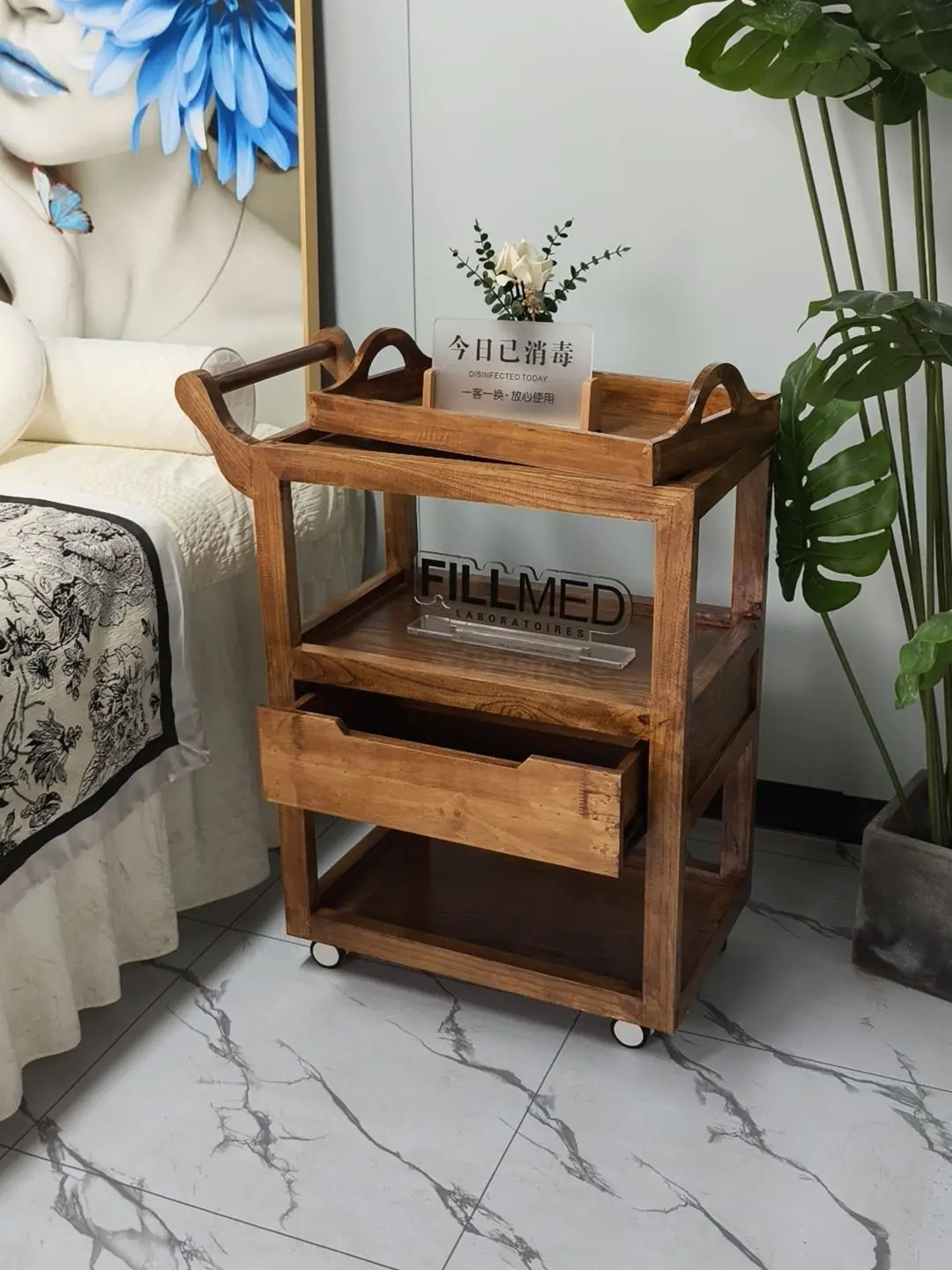 Solid wood beauty cart Instrument beauty salon trolley with drawer rack tool cart hair and nail trolley