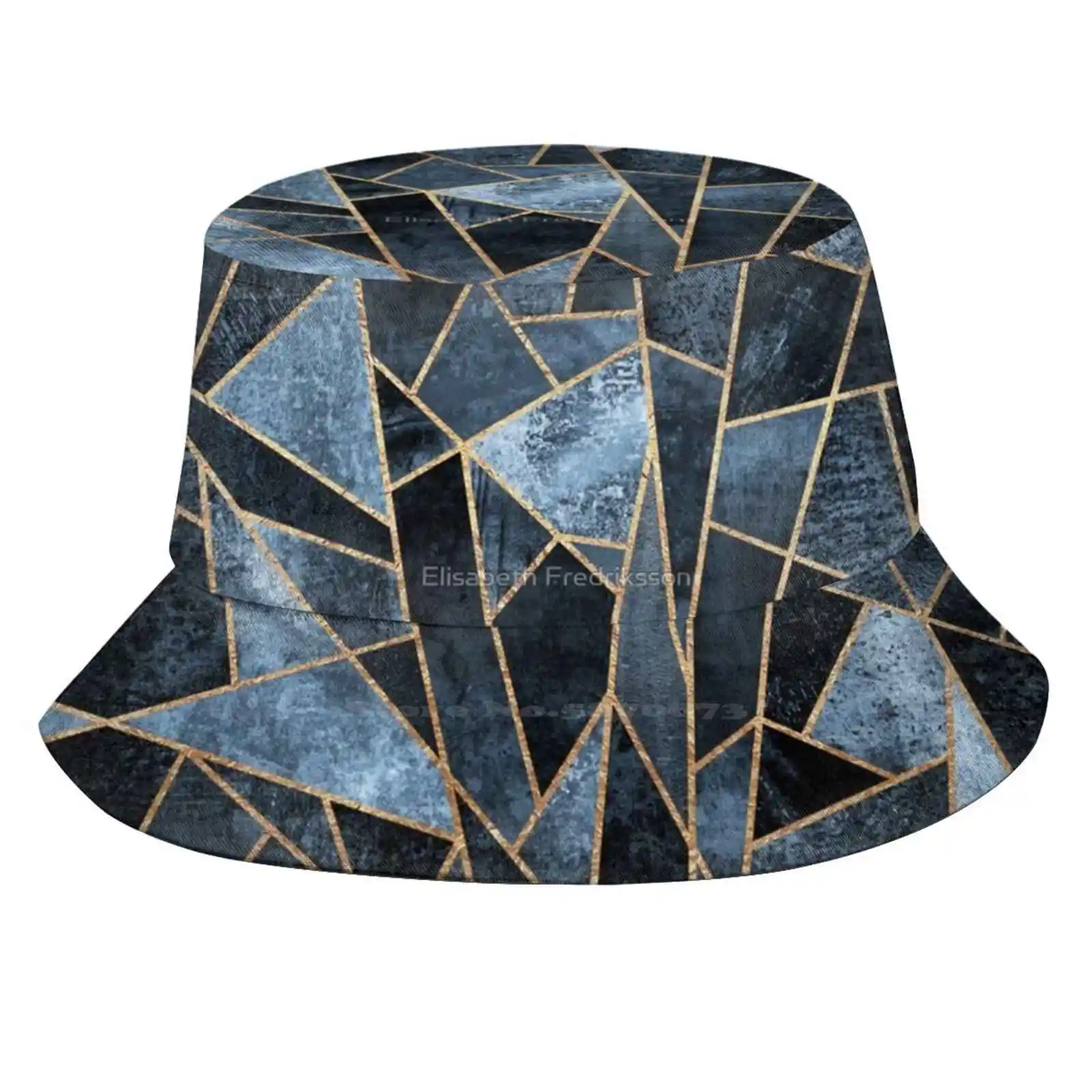 Shattered Soft Dark Blue Flat Top Breathable Bucket Hats Graphic Pattern Abstract Gold Blue Modern Lines Mosaic Geometry