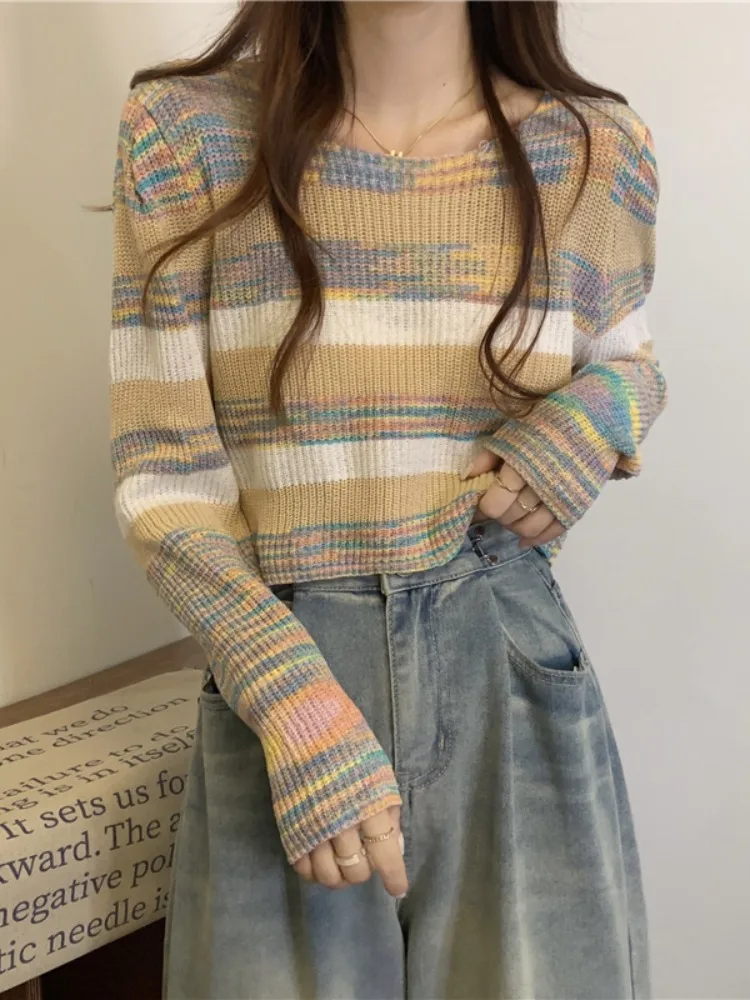 

Retro Rainbow Stripes Knitted Top Women's Early Spring Small Size Dopne Matching Base irt Inner ort Top Cotton 00%