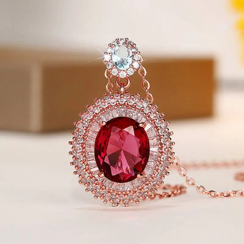 Huitan Luxuriöse, elegante Damen-Anhänger-Halskette mit glänzendem rotem CZ, Hochzeit, Verlobung, Accessoires, Modeschmuck, Geschenk für Damen