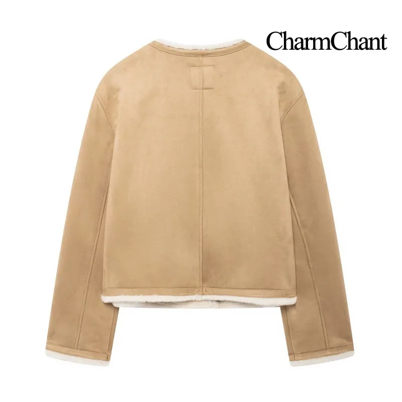 CHARMCHANT Women's Reversible Sherpa Suede Jacket Collarless Metal Button Up Cropped Loose Casual Warm Outerwear Fall 2026