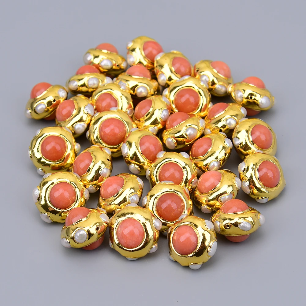 APDGG 5 Pcs 24mm Cultured White Pearl Orange Jade Paved Gold Edged Loose Beads For Jewelry Making DIY