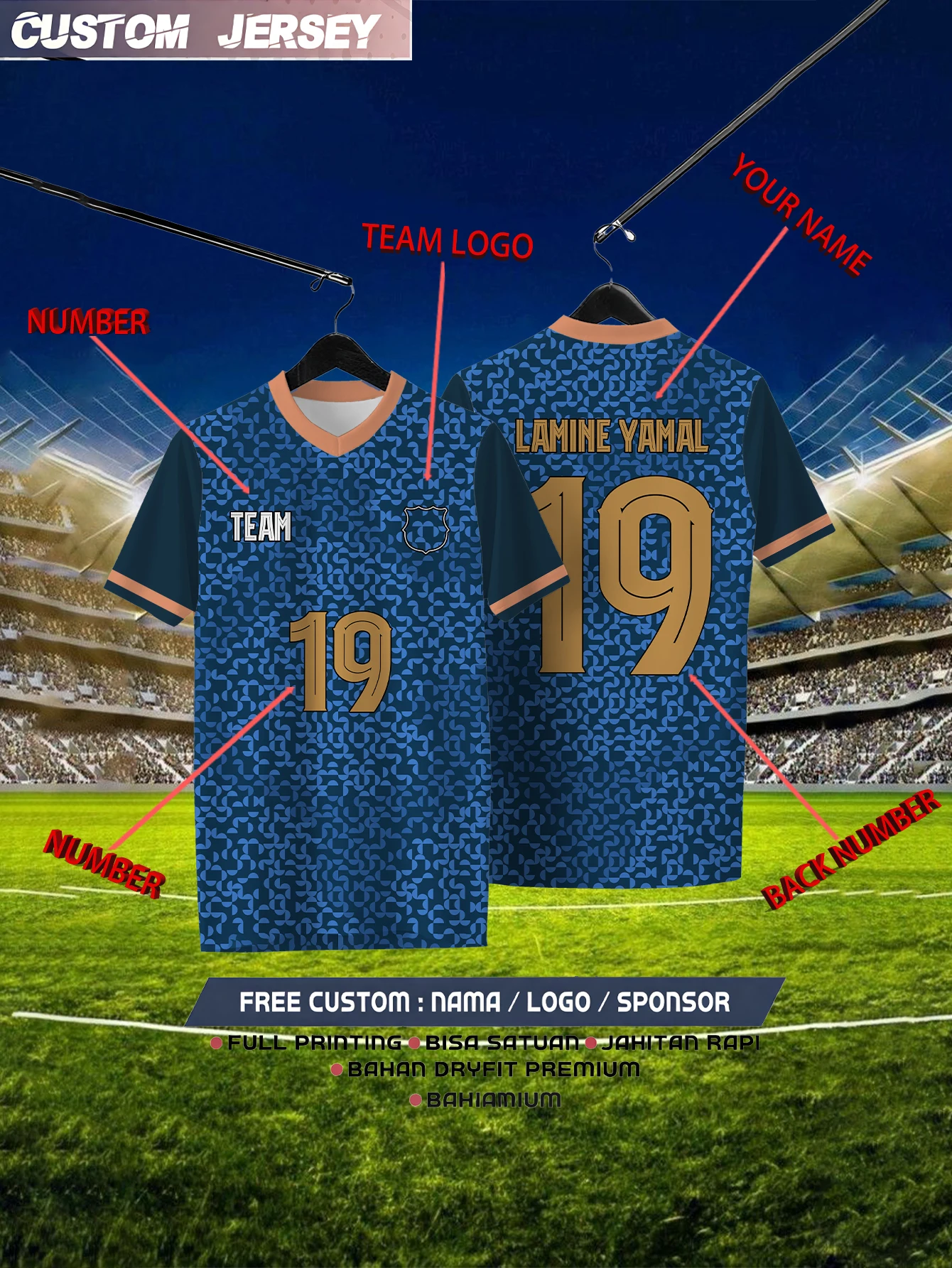

Customized Geometric Blue Short Sleeved Shirt with Team Name, Emblem, Name and Number, Outdoor Sports Short Sleeved T-shirt
