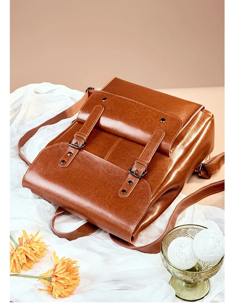 Genuine leather Backpack Women\'s wear-resistant cowhine computer Knapsack College style 14 \