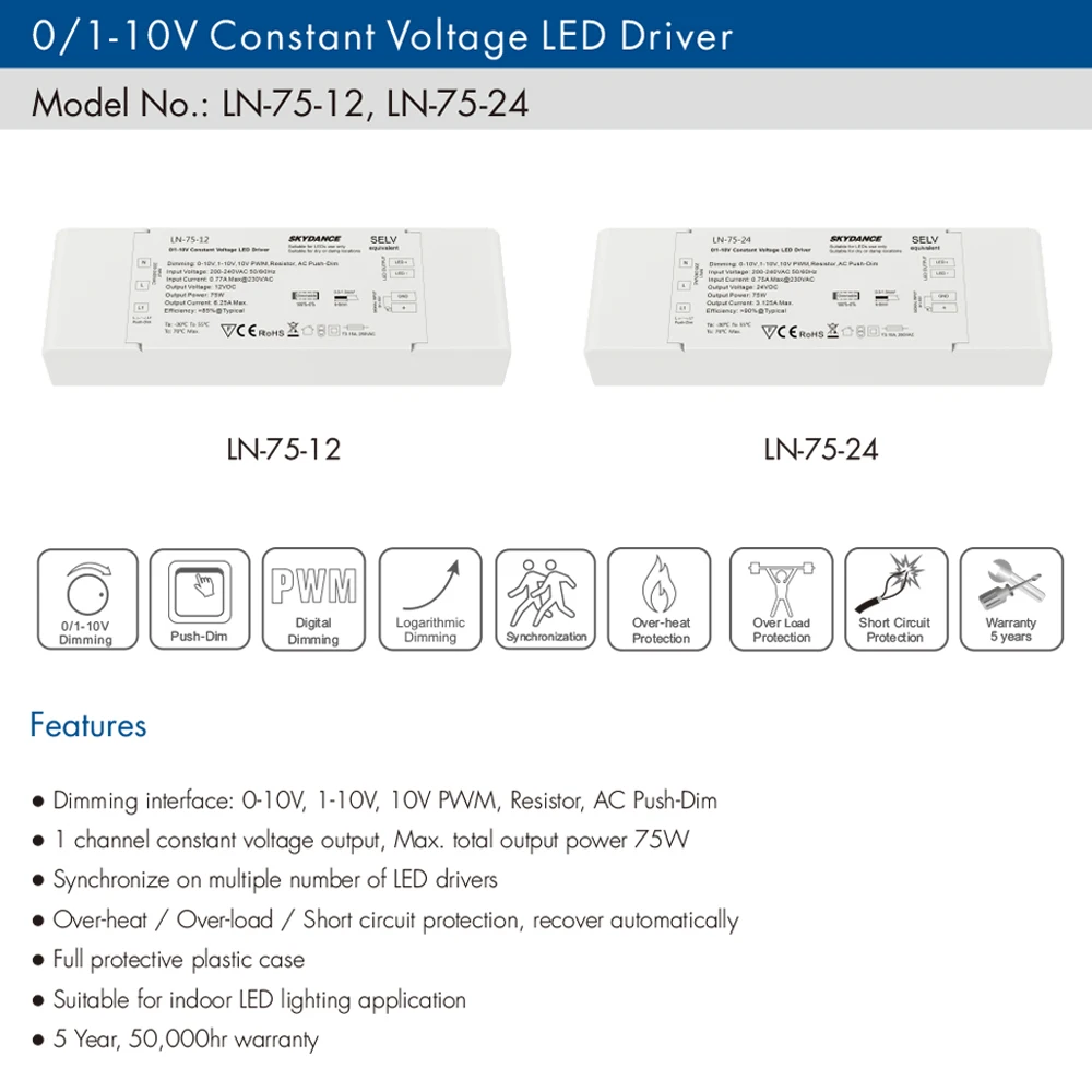 0/1-10V Constant Voltage LED Driver Dimmable Power 110V 220V 230V to DC 12V 24V 75W 40W 12W PWM Dimming 0-100% Fr LED Light Lamp