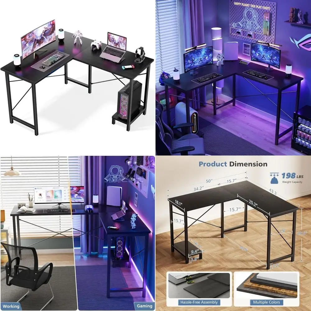 

L-образный стол, компьютерные игровые столы, угловой офисный стол с полкой для процессора для домашнего обучения, письменной рабочей станции, 50 дюймов, черный
