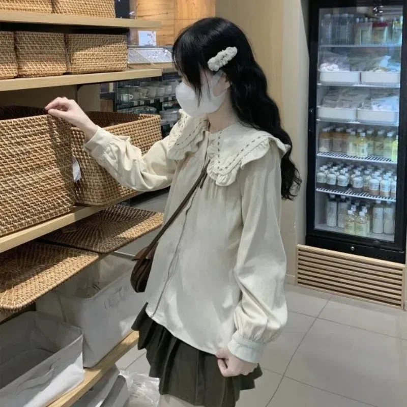 New French Retro Japanese Embroidered Wood Ear Border Doll Collar Shirt Women's Single Breasted Corduroy Top
