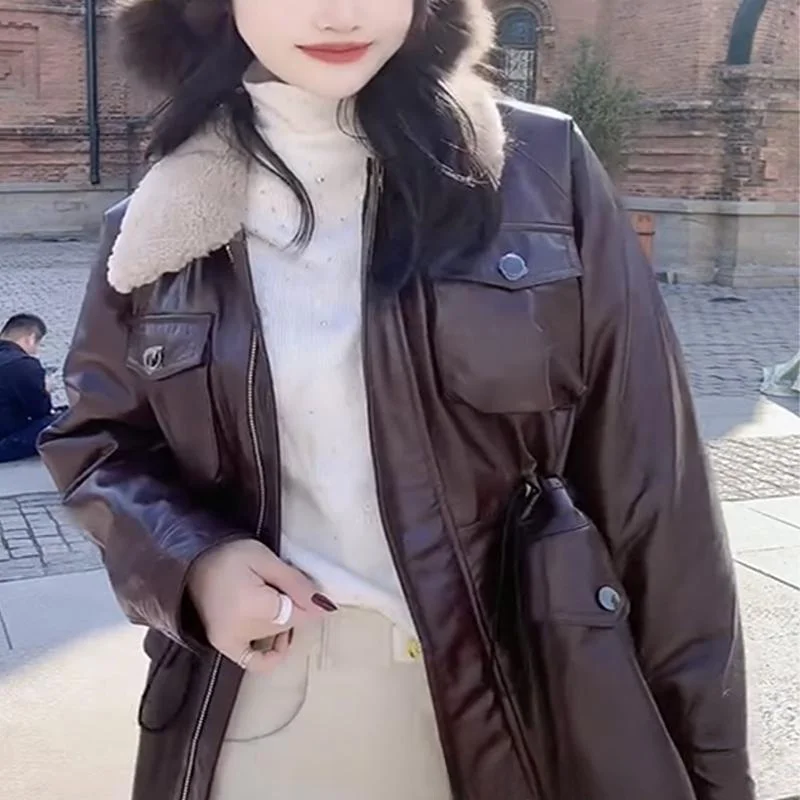 Jaet de cuero para mujer, abrigo de longitud media con cuello de piel y cera de aceite, piel sintética, para ir al trabajo, invierno, 2024