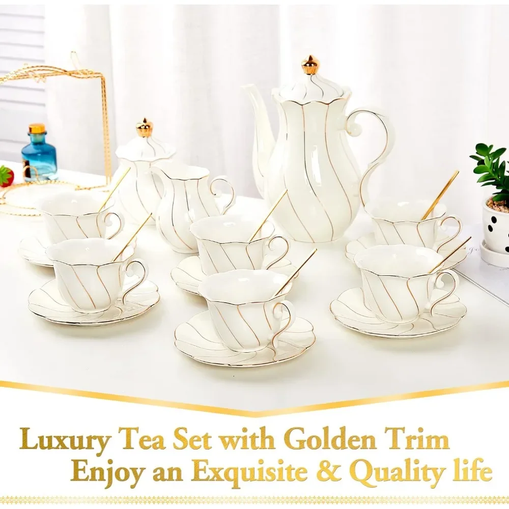 22 Pieces 6 Piece White Porcelain Tea Set With Gold  Luxury English Tea Party Set (with Stand) Coffeeware Teaware Tools Bar