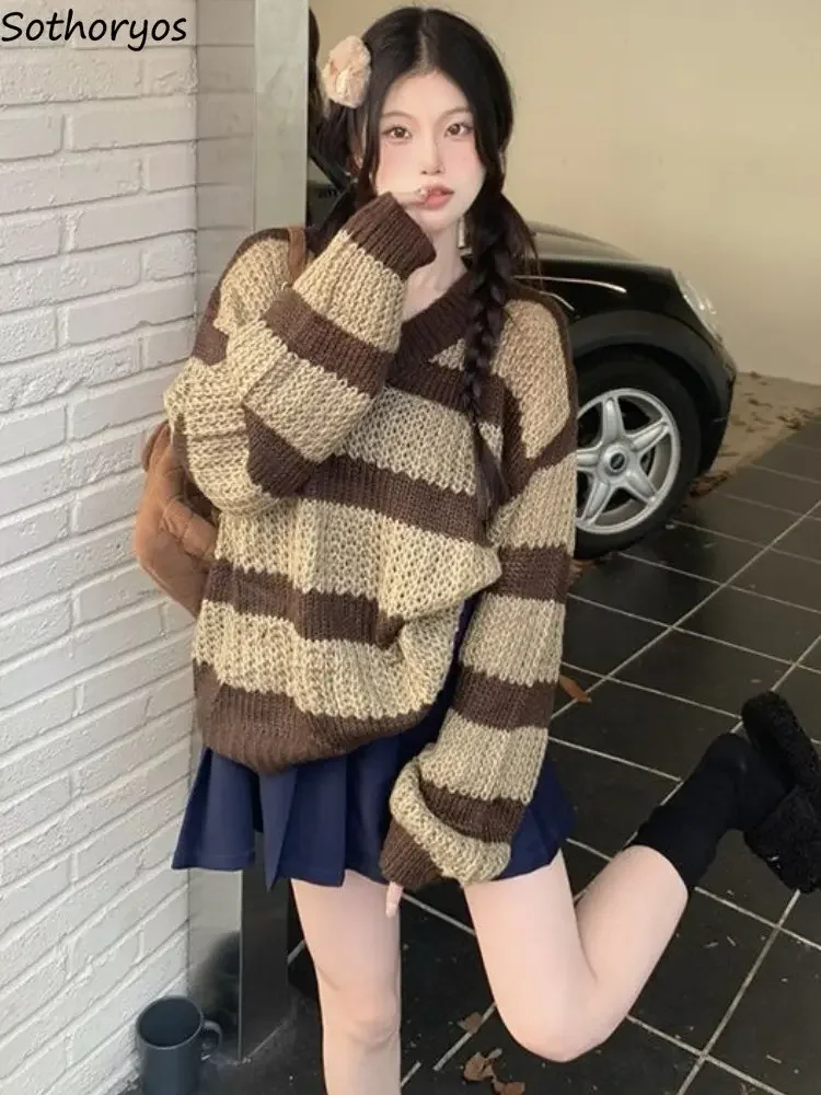 

Pullovers Women V-neck Design Simple Striped Retro All-match Personality Sweater Autumn Warm Korean Style Ladies Loose Fashion