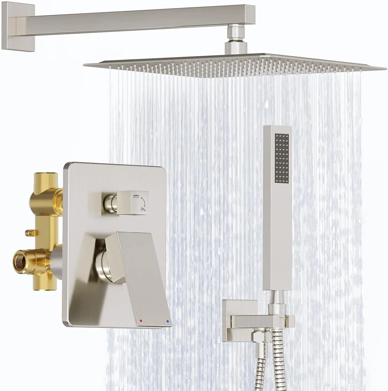 12 Inch Brushed Nickel Shower System with High Pressure Rain and Handheld Heads, Wall Mounted Faucet Set