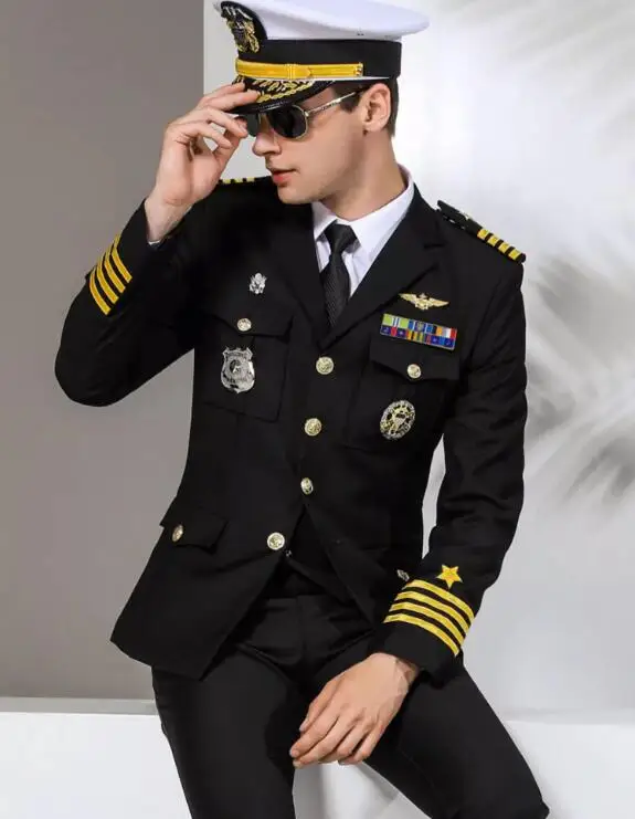 

US Navy Uniform Black Men Officer Blazer Suit Spring Include Jacket Pants Badge