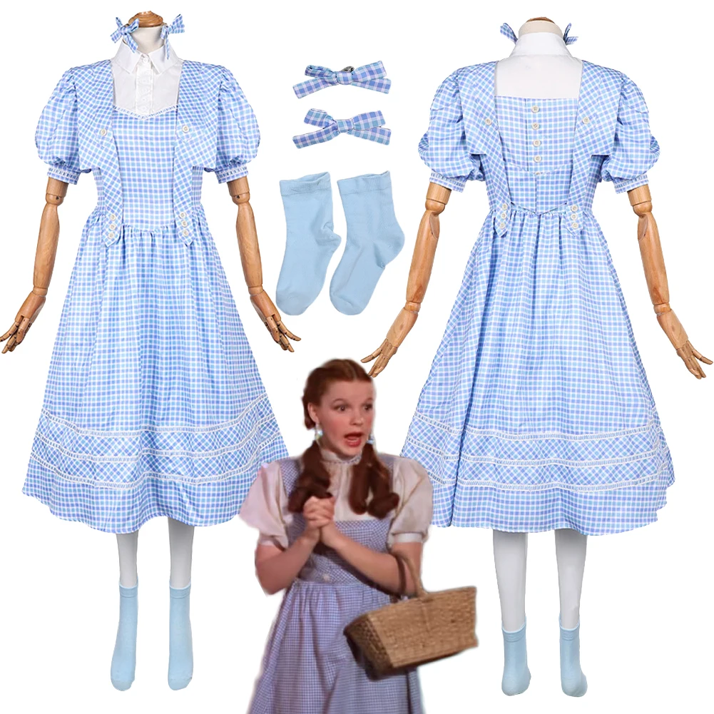 

Wiked Dorothy Cosplay Blue Plaid Dress Socks Bow Hairclip Clothing Set Costume Outfits Women Disguise Halloween Carnival Party
