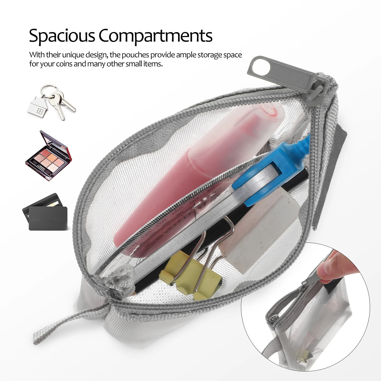 

3pcs Coin Purse Lightweight Portable Mesh Bags Black White Gray Travel Pouches Spacious Secure Zipper Nylon ganizer Bath Tools