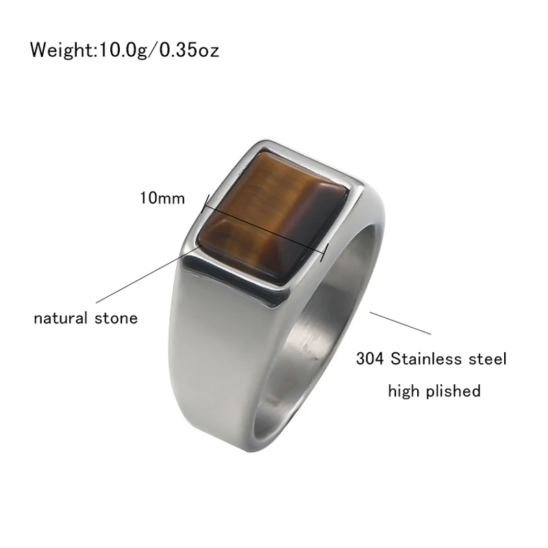 2022 New Tiger Eye Fashion Fine Jewelry Rings High Polished Square Big Width Signet Solid Punk 304 Stainless Steel Rings For Men