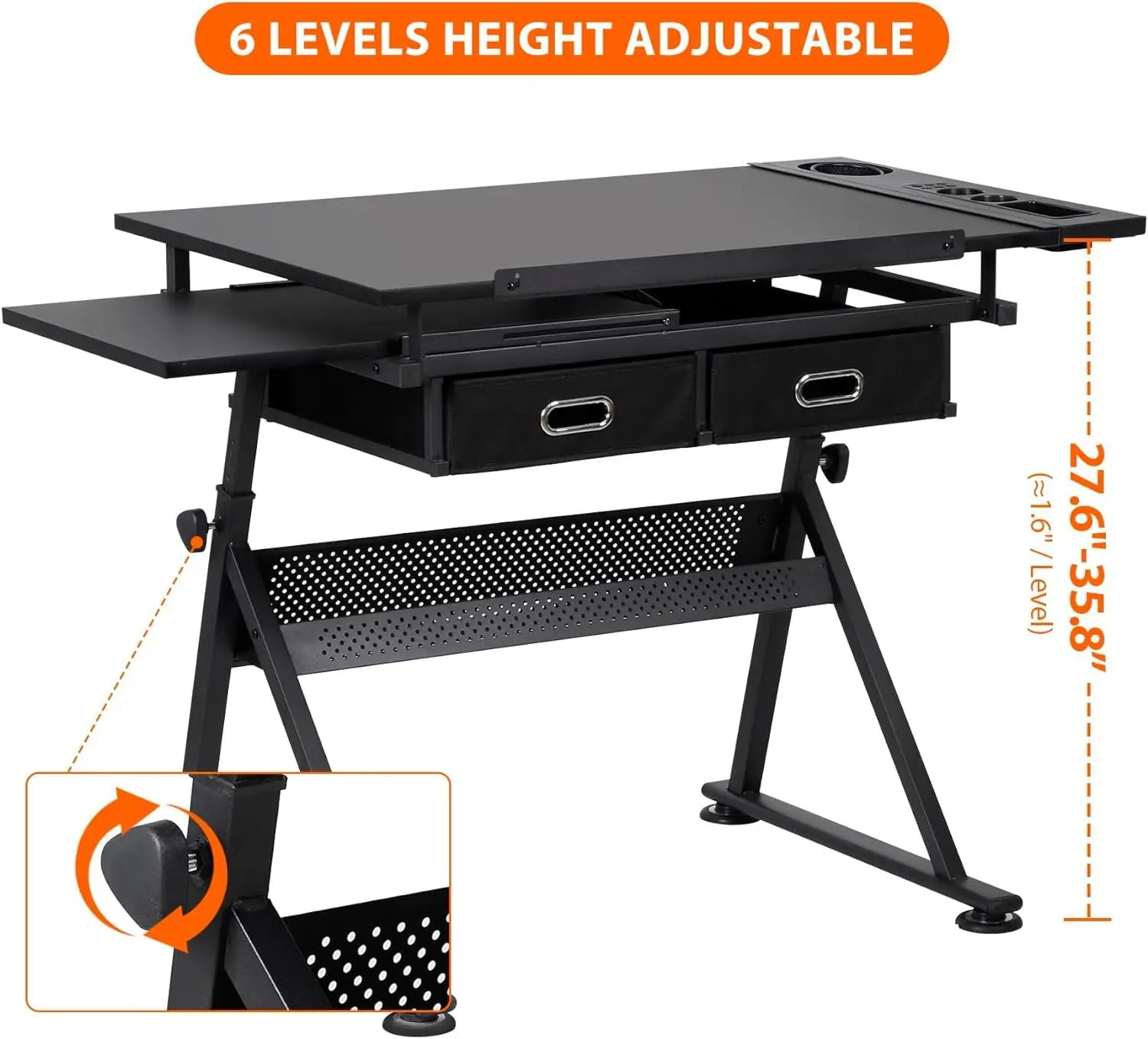 Adjustable Drafting Table Drawing Table, Tilting Tabletop Art Craft Desk w/2 Storage Drawers Stool for Home Office
