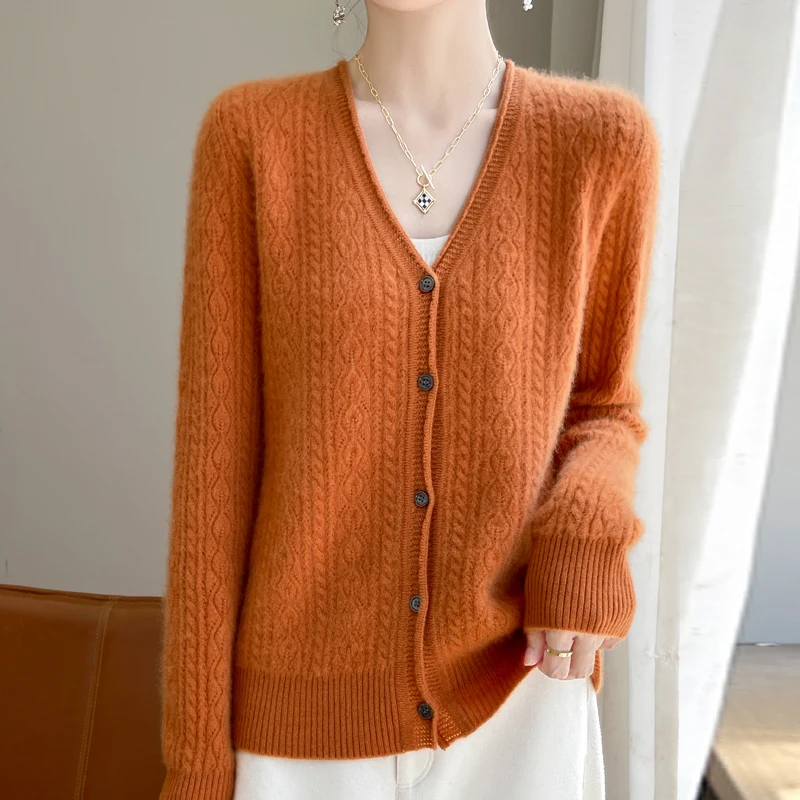 Autumn and winter new women\'s 100% merino sweater V-neck twisted flower solid color loose high-end fashion cashmere pullover