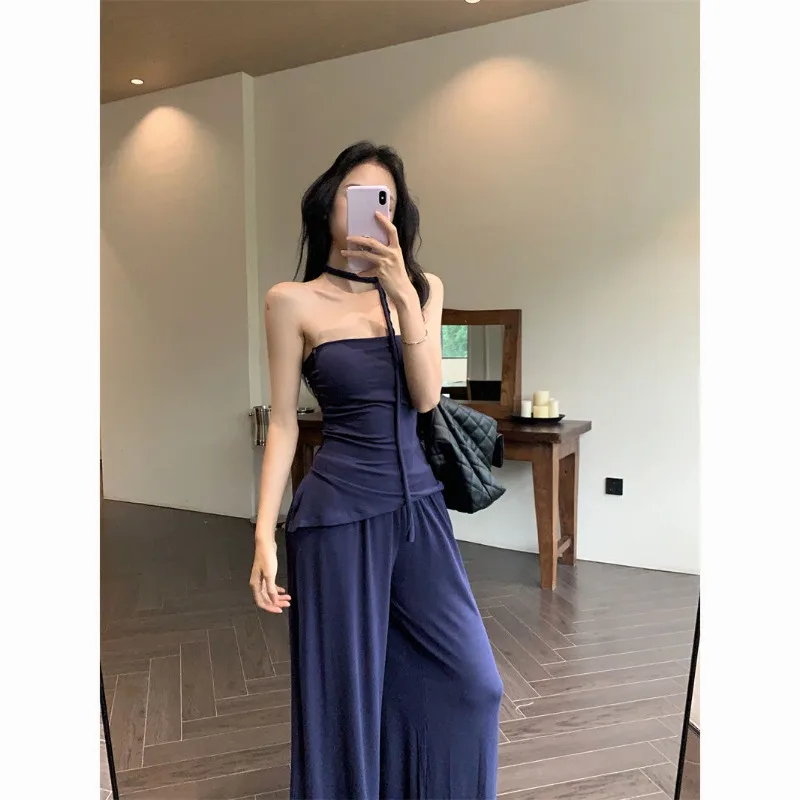 Korean Fashion Hot Girl Vest Hanging Neck Top Women's Autumn New High Waisted Casual Wide Leg Pants Two-piece Set Female Clothes