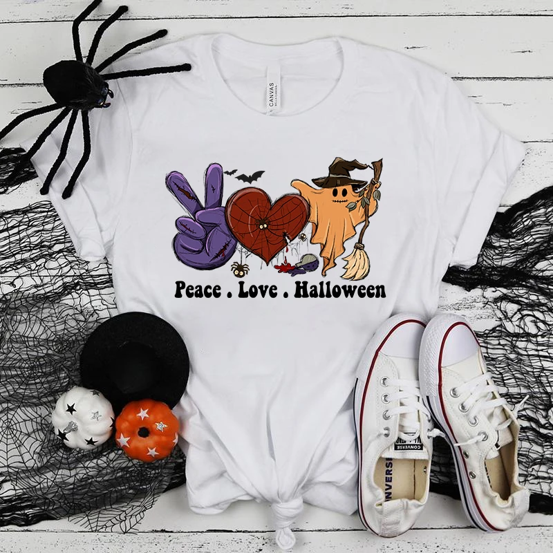 

(Premium T-shirt)Peace Love Halloween T-Shirts For Women Summer Tee Shirt Femme Casual Short Sleeve Round Neck Tops T-Shirts