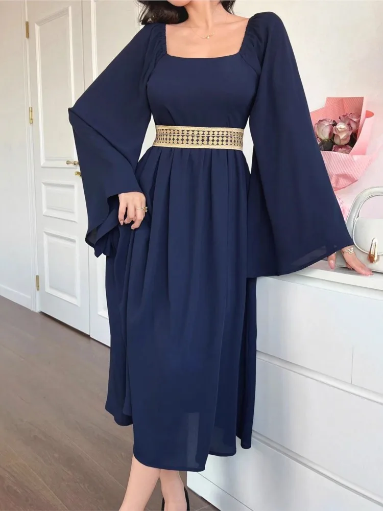 

Temperament Dress Dresses 2025 Woman Vestido Vintage Simple Style Elegant Solid Color Square Collar Puff Sleeves Leace-up Office