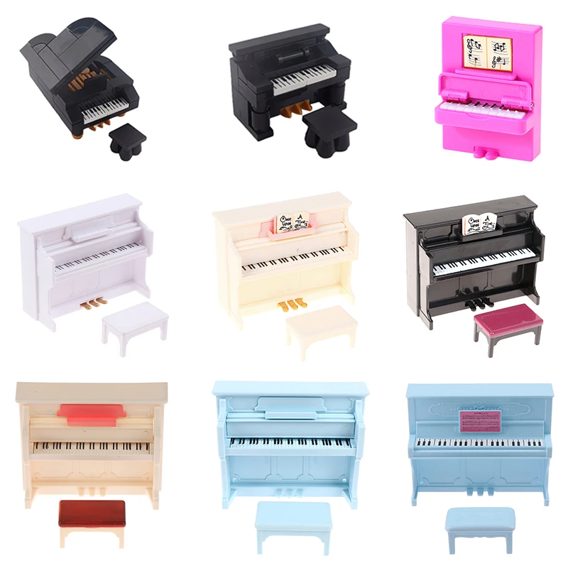 1/12 Dollhouse Mini Piano with Stool Musical Instrument Model for Doll House Accessories Decor Miniature Retro Piano Set