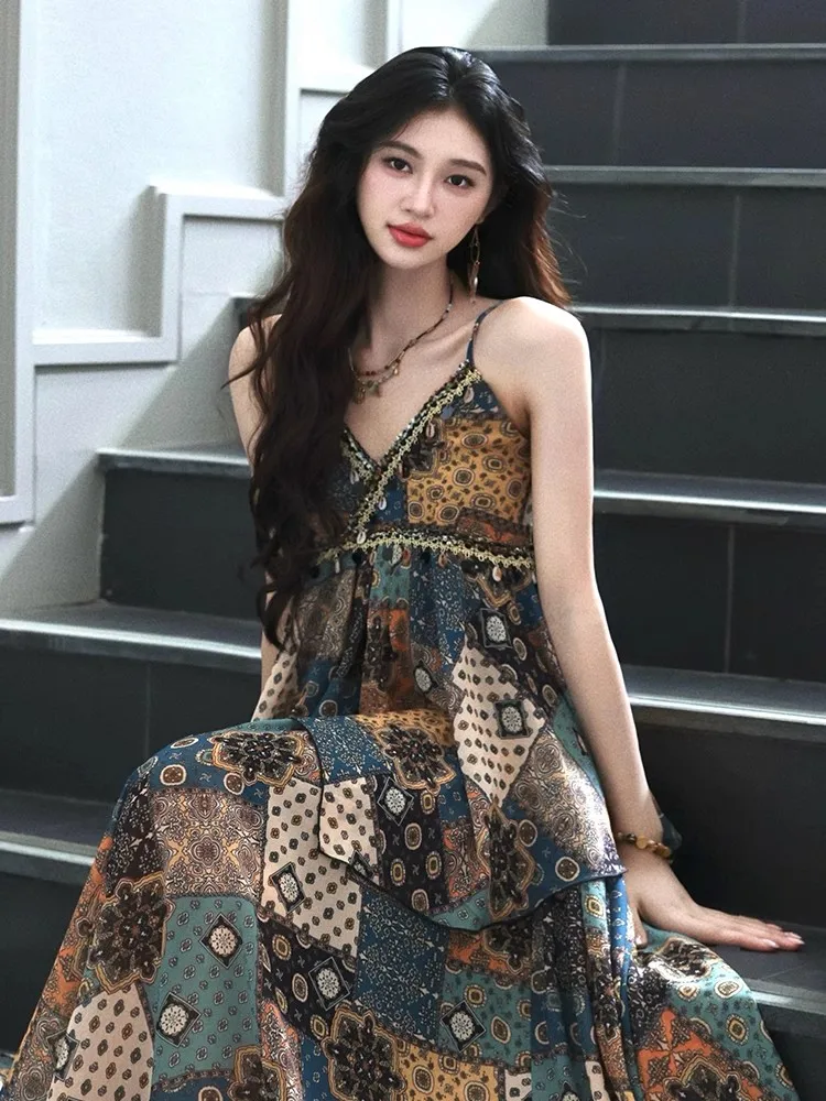 REDDACHiC Vrouwen Boho Print Top Rok Set Fringe Geweven V-hals Cami Elastische Taille Flowy Lange Rok Vakantie Retro Zomer Kleding