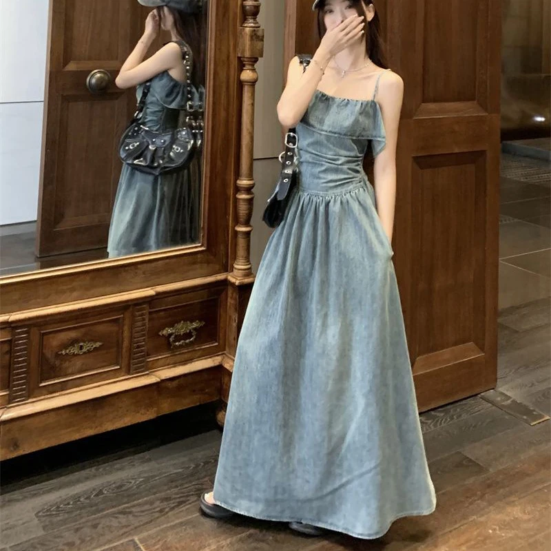 Vintage Ruffle Camis Dress Donna Dolce Casual Ruffle Denim Dress Y2K Summer Chic Night Party Jeans Abiti Mujer Nuovo