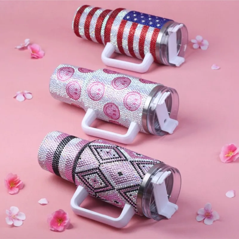 Vaso decorado checo, vaso de cristal personalizado con fijación en caliente y diamantes de imitación, termo de acero inoxidable de calidad alimentaria, taza de café al vacío con purpurina