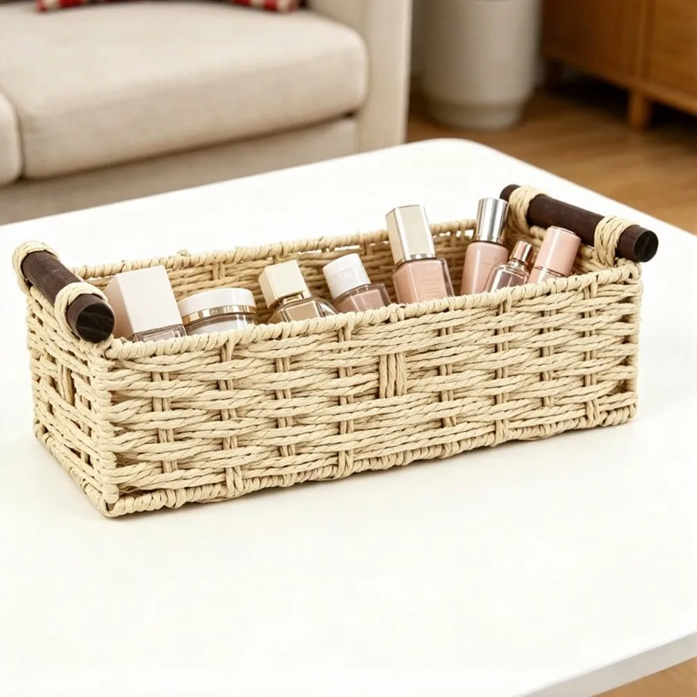 Natural Grass Woven Storage Basket for Snacks Cosmetics Office Supplies and Small Daily Items Multiple Indoor Settings