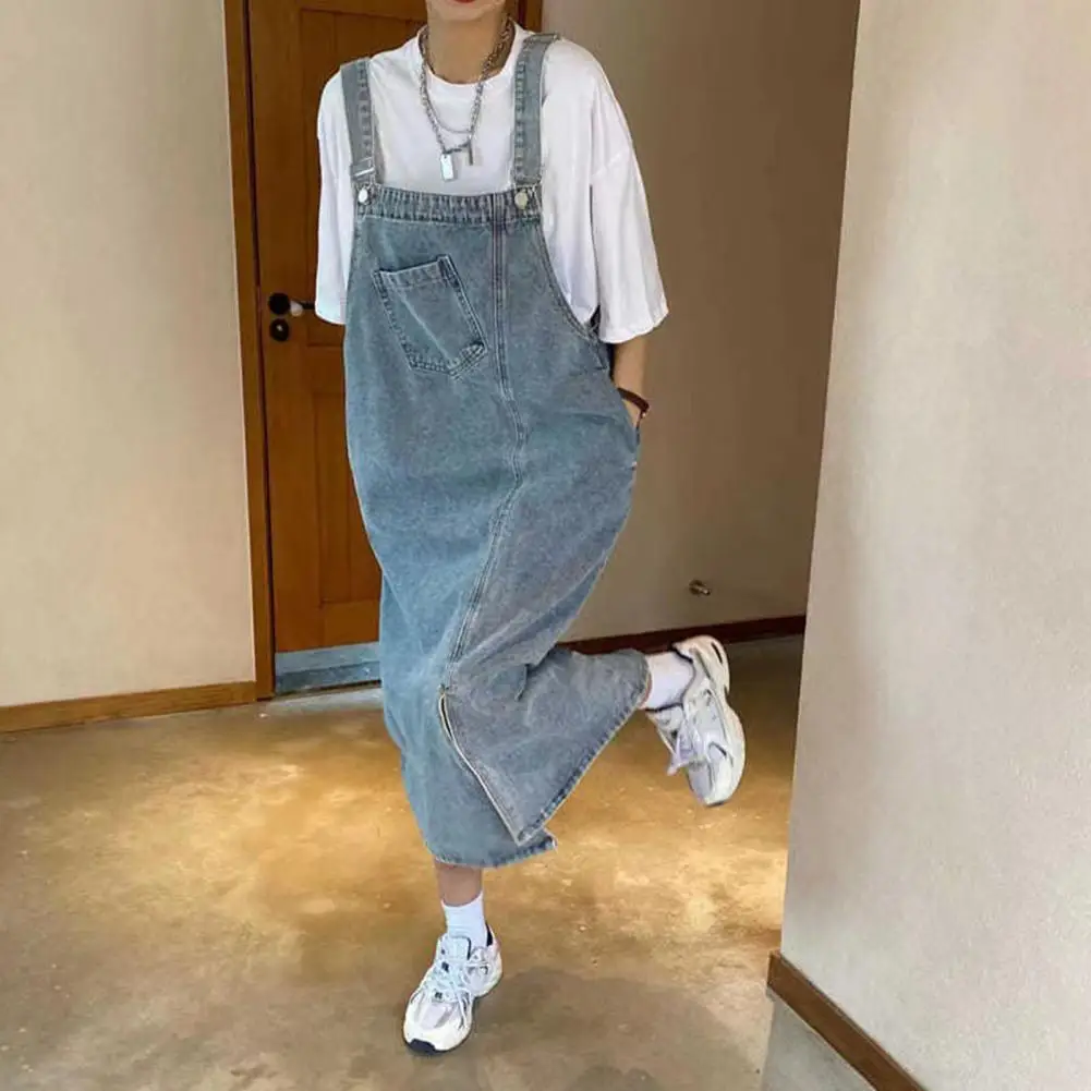 Denim Overall Dress Women Sleeveless Jeans Dresses Fashion Female Solid Slip Casual Loose Spaghetti Strap Student Midi Dress